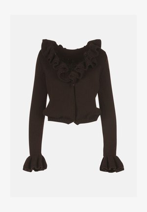 Cardigan scurt maro cu guler și mâneci volanate, textură țesută, închidere cu fermoar și manșete evazate.