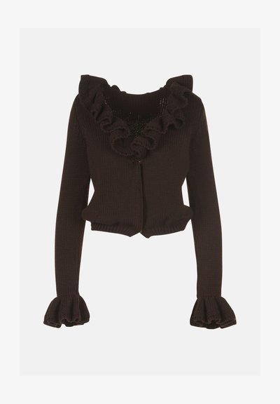 Rjav skrajšan kardigan z naborki na ovratniku in rokavih, tkana tekstura, zadrga in razširjeni manšeti.