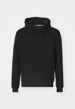 Black hooded sweatshirt made of cotton blend, featuring a front kangaroo pocket, adjustable drawstrings, and a subtle logo on the chest.