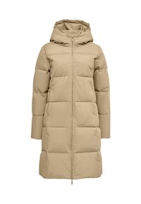 Long, beige puffer coat with a hood. Features a full front zipper, stitched panels for insulation, and a minimalistic logo near the chest.