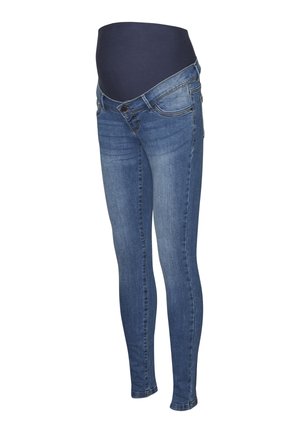Zwangere jeans in blauwe denim met een gladde, rekbare marineblauwe tailleband. Heeft een slanke pasvorm en een klassiek vijf-pocket ontwerp.
