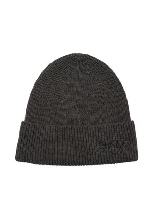 Dark gray knit beanie with a ribbed cuff. Features subtle brand embroidery on the side. Soft, textured material for warmth and comfort.