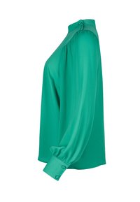 Grön blus med lång ärm i slät tyg med hög krage, plisserade axlar och knäppte cuffs. Enhetlig färg och avslappnad passform.