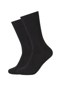 Schwarze Baumwollsocken, bis zur Mitte der Wade, mit geripptem Bund, glatte Textur, ohne Muster oder Designs, geeignet für formelle oder legere Anlässe.