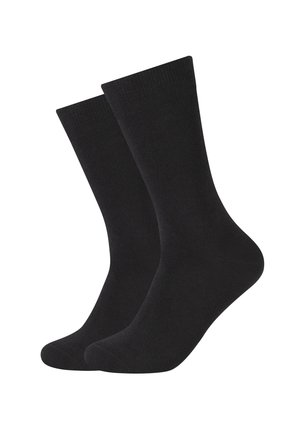 Schwarze Baumwollsocken, bis zur Mitte der Wade, mit geripptem Bund, glatte Textur, ohne Muster oder Designs, geeignet für formelle oder legere Anlässe.