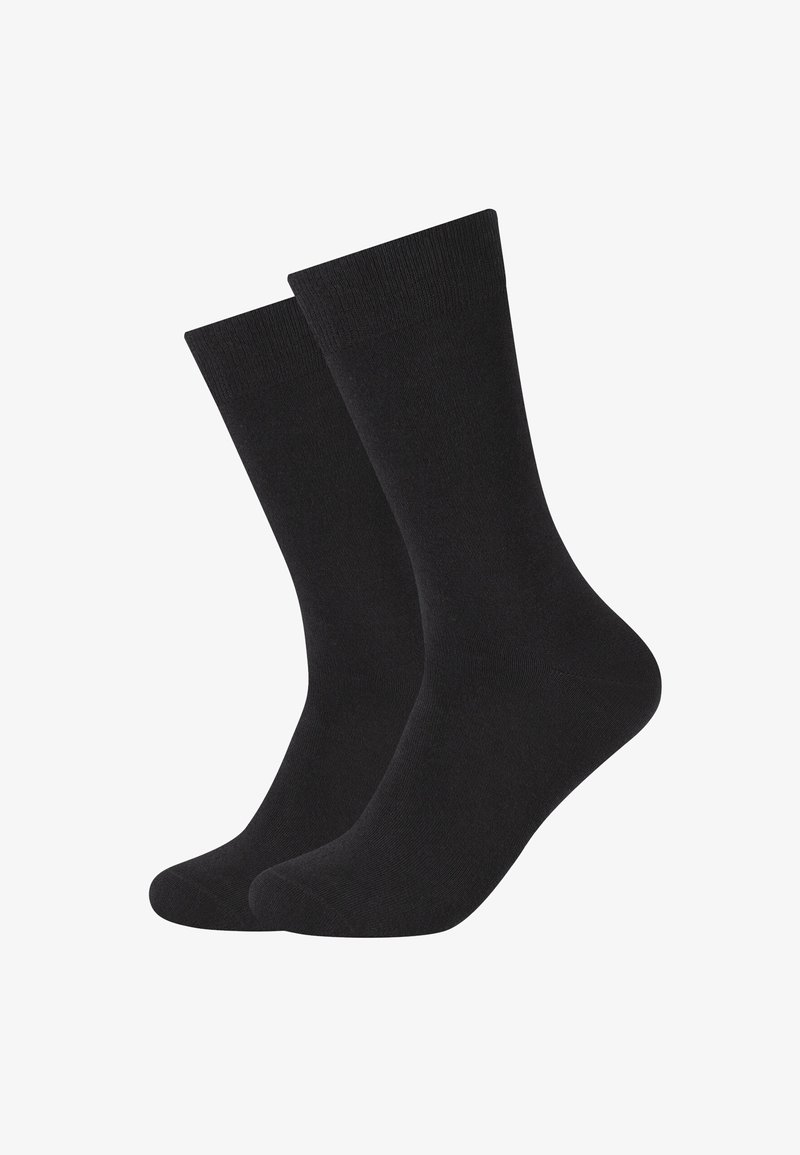 Calze nere in cotone, lunghezza media fino al polpaccio, con cima a coste, texture liscia, senza motivi o disegni, adatte per un abbigliamento formale o informale.