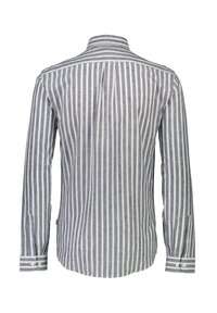 Camisa de manga larga a rayas con una combinación de colores azul y blanco, que presenta un cuello abotonado, puños con botones y un dobladillo curvado.