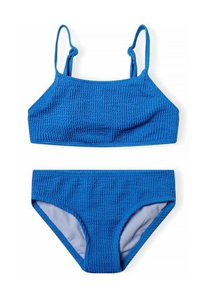 Sininen kahden osan bikini, valmistettu teksturoidusta kankaasta. Yläosa on ohut säädettävä olkaimilla; alaosa on klassinen brief-tyyli.