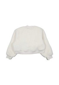 Felpa cropped bianca in pile con superficie testurizzata, polsini e scollatura a coste, caratterizzata da spalle abbassate e un design semplice.