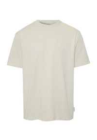 Lys beige kortærmet t-shirt lavet af blødt bomuldsmateriale, med rund hals og et simpelt design, uden synlige mønstre eller detaljer.