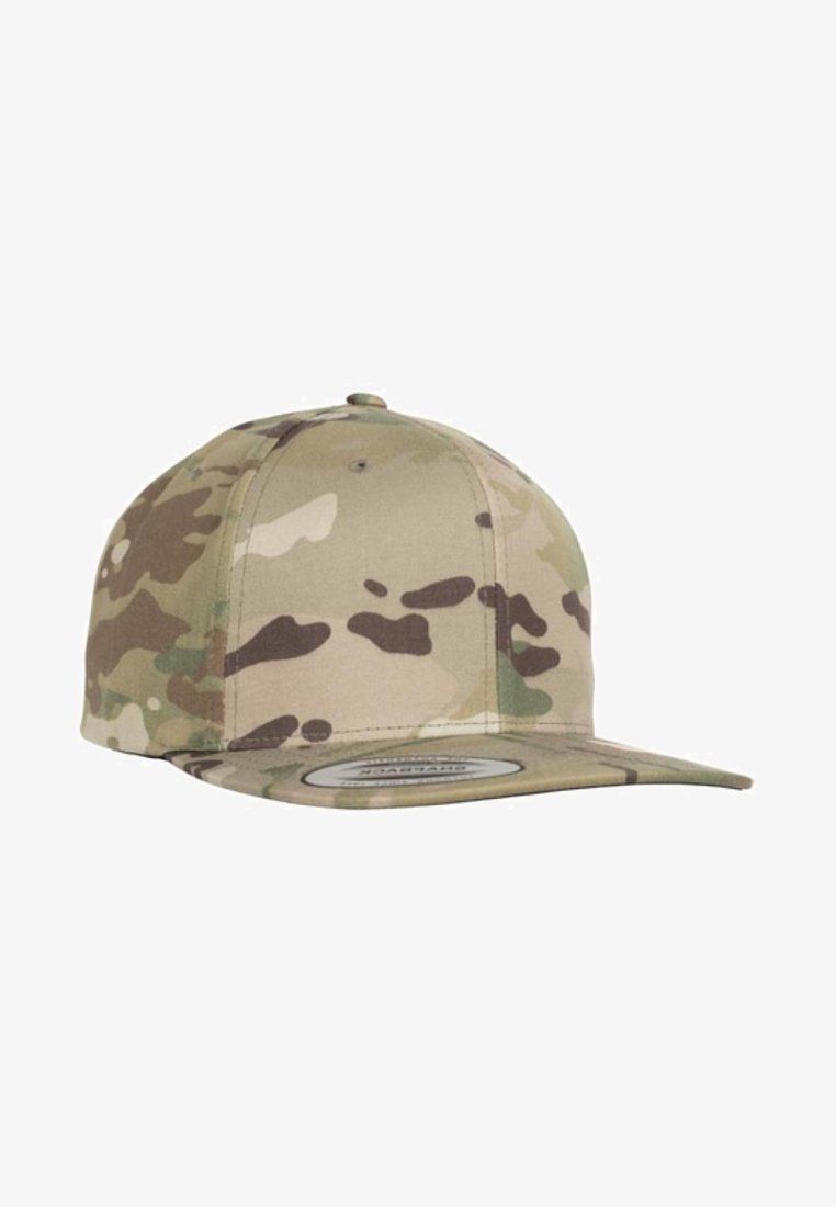 Camouflage baseball cap made of fabric, featuring a structured design, flat brim, and a mixture of green, brown, and cream patterns.
