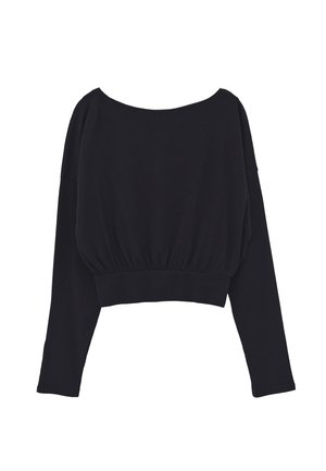 Top court noir à manches longues avec encolure large et taille élastiquée, présenté à plat sur fond blanc.