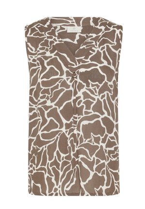 Ærmeløs brun og hvid mønstret bluse med V-hals og en enkelt knapdetalje under kraven.