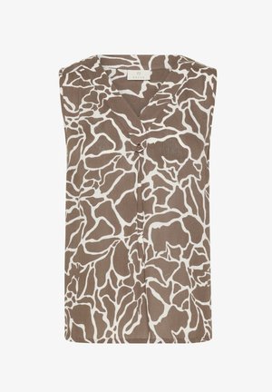 Ærmeløs brun og hvid mønstret bluse med V-hals og en enkelt knapdetalje under kraven.