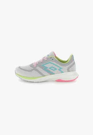 Gray athletic shoe with mesh upper, accented by light green and pink details, featuring a cushioned sole and traditional lacing system.
