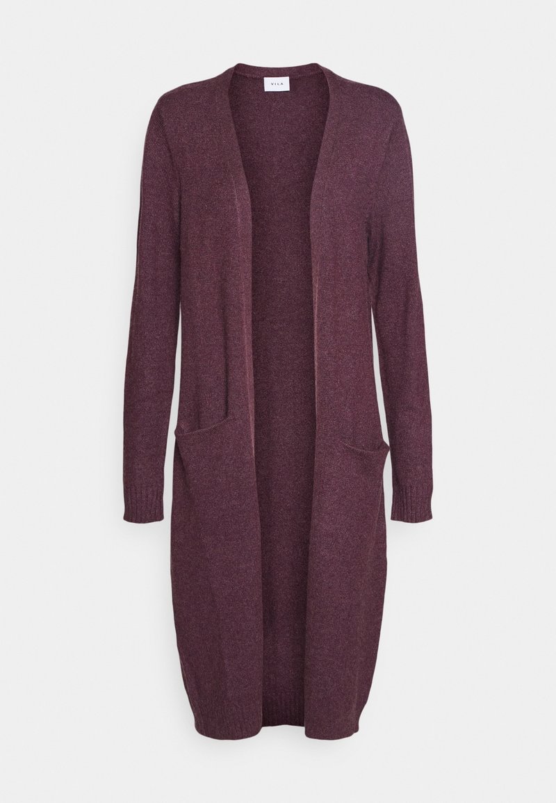 Long cardigan en maille couleur prune, ouvert devant, manches longues et deux poches frontales, fabriqué en tissu doux et texturé.