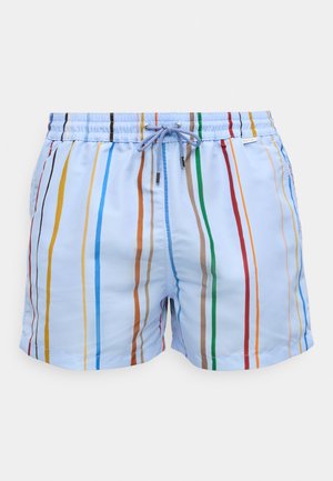 Svetlo modre kopalne kratke hlače z navpičnimi večbarvnimi črtami, elastičnim pasom in modnim vezalom z vrvico na sredini spredaj.
