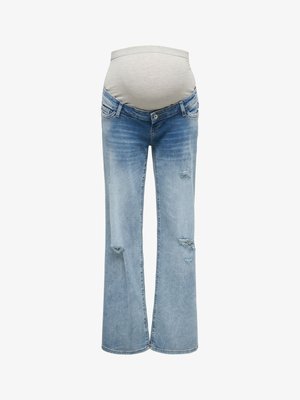 Jean de maternité bleu clair délavé avec une ceinture beige extensible conçue pour s'adapter au-dessus d'un ventre de femme enceinte.
