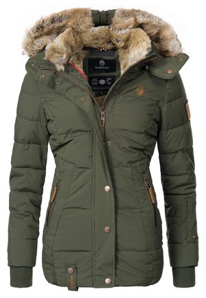 Dark green, quilted parka jacket with a faux fur-lined hood, zip and snap closures, two side pockets, and branded tag on the hem.