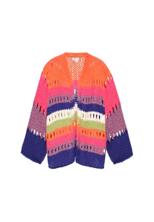 Crochet-viitta, jossa on eloisat raidat oranssina, vaaleanpunaisena, purppurana, vihreänä ja sinisenä. Avoin etuosa, leveät hihat ja pitsimäinen tekstuuri.
