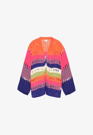 Gehäkelte Strickjacke mit lebhaften Streifen in Orange, Pink, Lila, Grün und Blau. Offene Vorderseite mit weiten Ärmeln und einer spitzenartigen Textur.