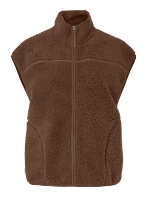 Brown sleeveless fleece vest with high collar and front zipper closure.