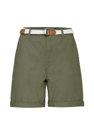 Maslinasto zelene kratke hlače s manšetama, prorezima za remen i bijelim tkanim remenom s detaljem smeđe kožne kopče.
