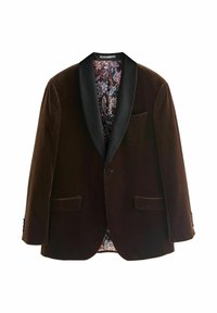 Brown velvet blazer with a black satin shawl lapel, single button closure, and floral-patterned interior lining. Includes two front pockets.