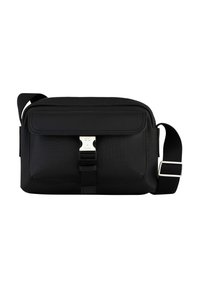 Borsa a tracolla nera con tessuto liscio, pattina anteriore, chiusura a fibbia argentata, tracolla regolabile e forma rettangolare semplice.