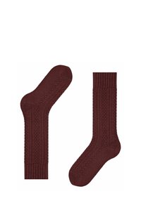 Calze lavorate a maglia bordeaux con un motivo testurizzato e polsini a coste, dotate di un design della punta senza cuciture per comfort e vestibilità.