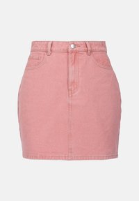 Rosa denimskjørt med høy midje, frontlås med knapper, to sidelommer og rett snitt. Myk tekstur med minimale sømdetaljer.