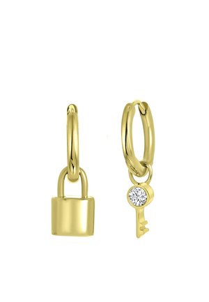 Gold hoop earrings with pendant charms, one shaped like a padlock, the other a key with a clear gemstone accent.