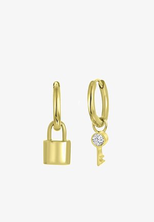 Gold hoop earrings with pendant charms, one shaped like a padlock, the other a key with a clear gemstone accent.
