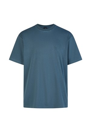 Schlichtes blaues T-Shirt mit kurzen Ärmeln und Rundhalsausschnitt, lockerem Schnitt und dezenter Logoapplikation auf der linken Brust.