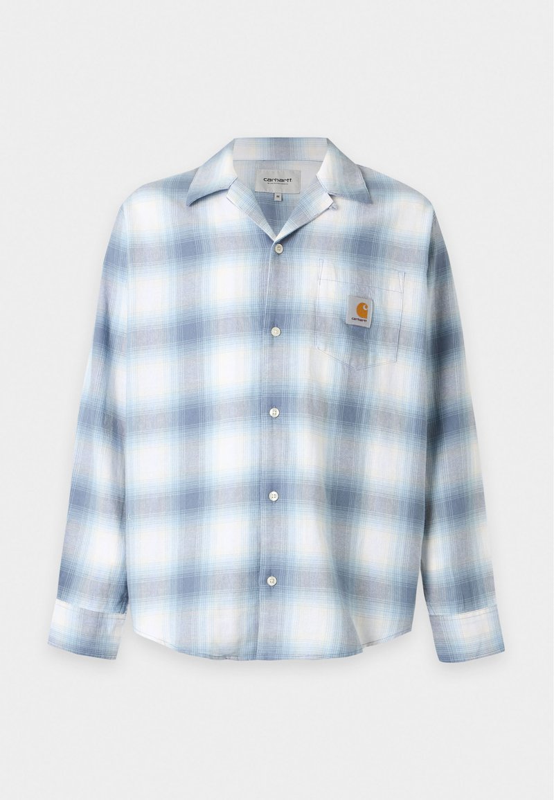 Light blue and white plaid long-sleeve button-up shirt with pointed collar and front chest pocket featuring a Carhartt logo patch.