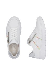 Weiße Sneaker mit einer strukturierten Oberfläche, die mehrfarbige Zickzack-Stickereien und einen seitlichen Reißverschluss aufweisen. Dicke weiße Gummisohle für zusätzlichen Halt.