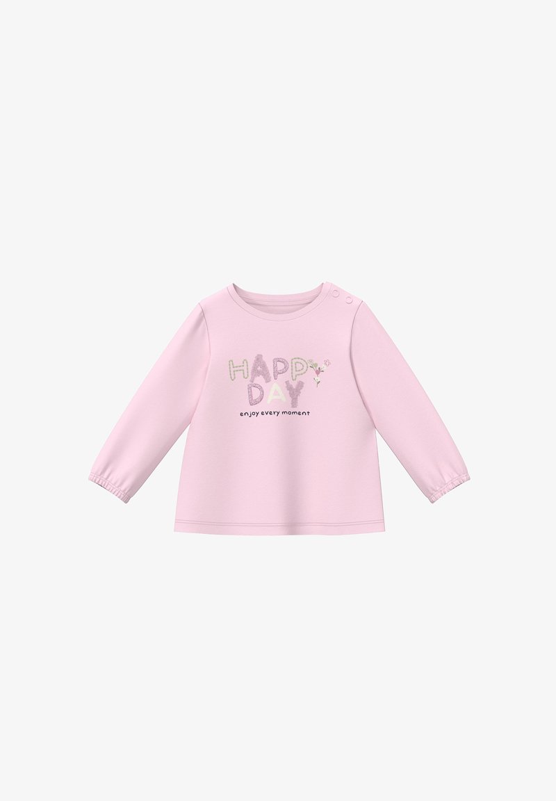 Chemise pour bébé à manches longues rose clair avec poignets élastiques, boutons pression sur l'épaule et texte "JOURNÉE HEUREUSE profite de chaque instant" avec un petit détail de fleur.