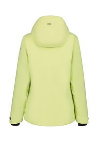 Limonengrüne Skijacke mit abnehmbarer Kapuze, glatter Textur und schwarzen Akzenten an den Manschetten. Hat ein sauberes, minimalistisches Design auf der Rückseite.