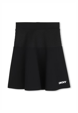 Jupe évasée noire en tissu lisse avec une ceinture en mesh texturé. Ornée d'un logo DKNY blanc brodé en bas.