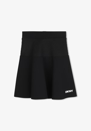 Jupe évasée noire en tissu lisse avec une ceinture en mesh texturé. Ornée d'un logo DKNY blanc brodé en bas.