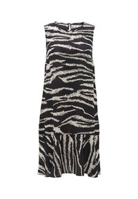 Ärmelloses Kleid in Schwarz mit weißen Zebramustern, mit einem lockeren Schnitt und einem Rüschensaum. Hergestellt aus leichtem, strukturiertem Stoff.
