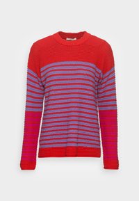 Maglione lavorato a maglia con strisce orizzontali rosse, viola e rosa; collo rotondo; tessuto strutturato; maniche lunghe con polsini a coste.