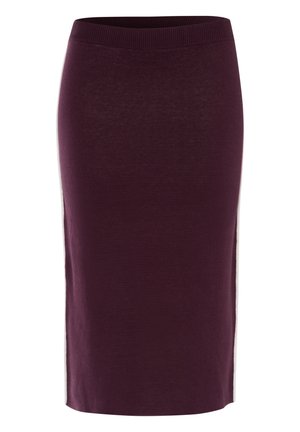 Burgundy knit pencil skirt featuring a ribbed waistband, fitted shape, and side slits for ease of movement. Smooth texture with minimal detailing.