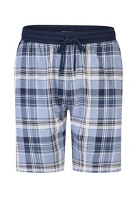 Herenshorts in een ruitpatroon in blauwtinten, met een marineblauwe elastische tailleband, een trekkoord, en een lichte, ademende stof met een zachte textuur.