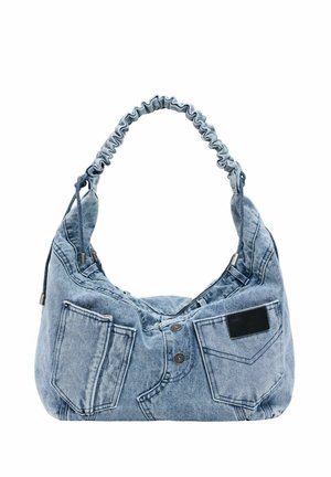 Schultertasche entworfen wie blaue Jeans mit Taschen, Knöpfen und einem gerafften Stoffgriff.
