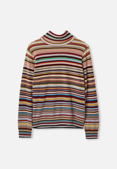 Turtleneck pulover sa višebojnim prugama koji sadrži horizontalne pruge u crvenoj, plavoj, žutoj i sivoj boji. Izrađen od mekog materijala sa rebrastim manžetama.