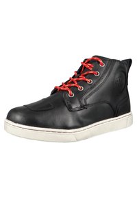 Black leather high-top sneaker with red laces, white rubber sole, textured pattern, and stitched detailing. Features a pull tab on the heel.