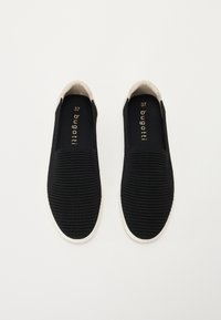 Mustad musta värvi sussid, mis on valmistatud tekstureeritud materjalist, valge tallaga ja beežide detailidega. Suurus 37, kus on kuldne "bugatti" logo.