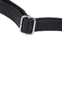 Black leather strap with a silver metal buckle. Features a smooth texture and clean stitching along the edges. Adjustable design.