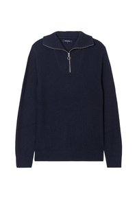 Pull en tricot bleu marine avec un col zippé mi-haut et une texture côtelée. Il présente une encolure en V et des manches longues.
